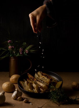 Potato wedges on dark background, cooking process. Process of making a rustic recipe of aromatic baked potatoes. food stylingの写真素材