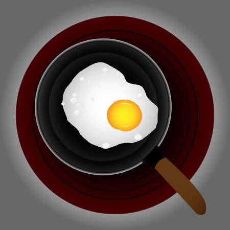 Fried egg in a black frying pan on an electric stove.のイラスト素材