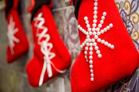 RED Christmas stocking on backgroundの写真素材
