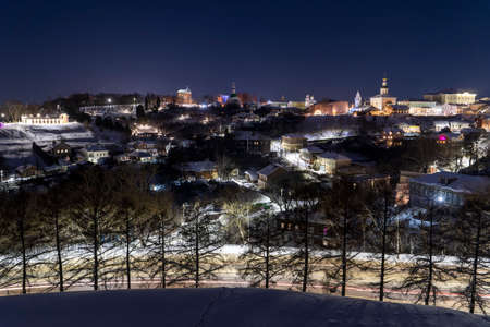 Russia, Vladimir city, February 23, 2021, View of the city center of Vladimir from the observation deck on a winter night, the Famous Tourist Golden Ring of Russiaのeditorial素材