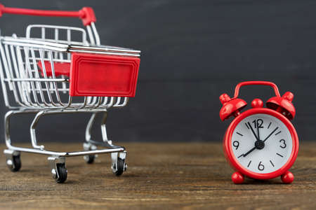 red alarm clock and a shopping cart, a concept of purchases andの写真素材