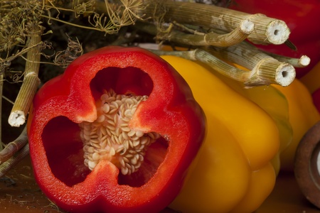 Sweet red and orange pepper. The dried up dill and a pepper mill.の写真素材