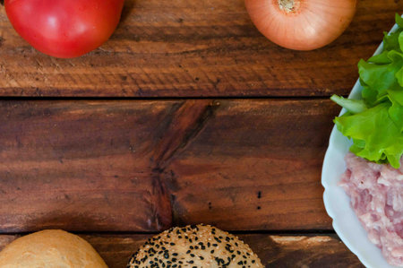 Ingredients for burger, cooking at home, fresh food on the table
