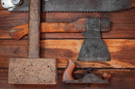 tool for making objects from wood. ax, hand saw, wooden hammerの写真素材