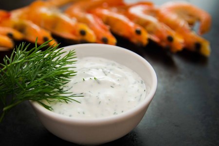 red boiled shrimps, garlic sauce for meat and fishの写真素材