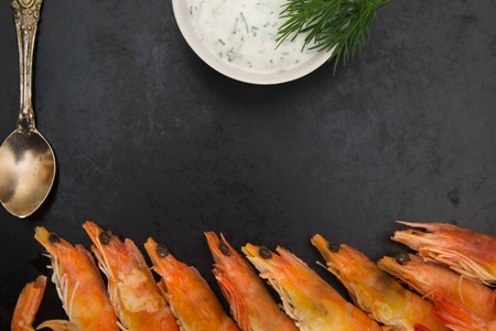 red boiled shrimps, garlic sauce for meat and fishの写真素材