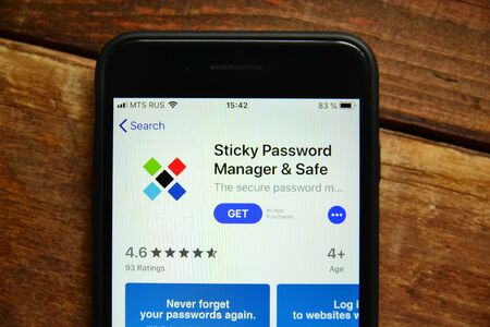 Stavropol, Russian Federation. July 1, 2019. Smartphone with mobile application Sticky Password Manager and Safeのeditorial素材