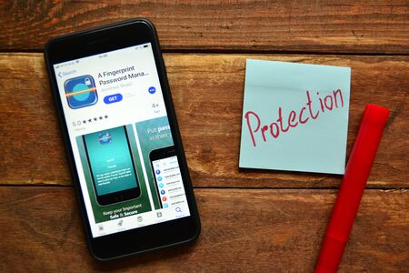 Stavropol, Russian Federation. July 1, 2019. Smartphone with mobile application A Fingerprint Password Managerのeditorial素材