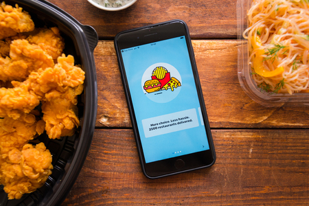 Stavropol, Russian Federation. June 10, 2019. Smartphone with mobile application Mr D Food-Delivery Takeoutのeditorial素材