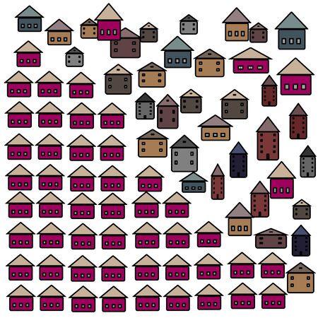 Vector illustration with group of cottages. Simple stylized icon of houses in the village.   Abstract sign of real estateのイラスト素材