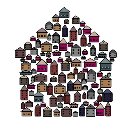 Vector illustration with group of cottages. Simple stylized icon of houses in the village.   Abstract sign of real estateのイラスト素材