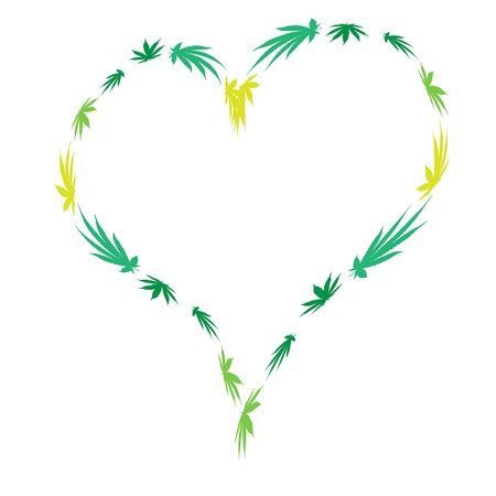 Heart of Bright green cannabis sativa leaves painted in watercolor. Realistic scientific illustration of plant. Hand drawn marijuana illustration isolated on black background.のイラスト素材