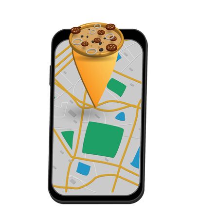 The best location pizza. Point on the map with building illustration.pizza map mark. のイラスト素材
