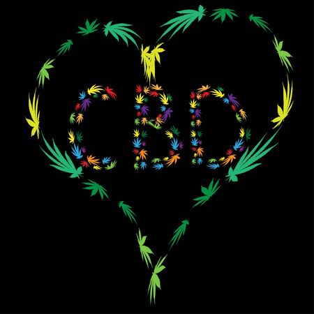 Heart of Bright green cannabis sativa leaves painted in watercolor. Realistic scientific illustration of plant. Hand drawn marijuana illustration isolated on black background.のイラスト素材
