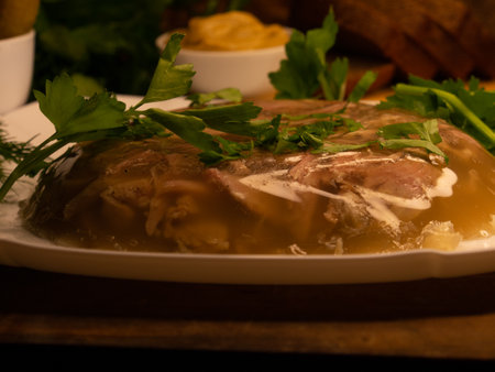 Traditional Russian meat aspic with mustard. Jellied meat.の写真素材