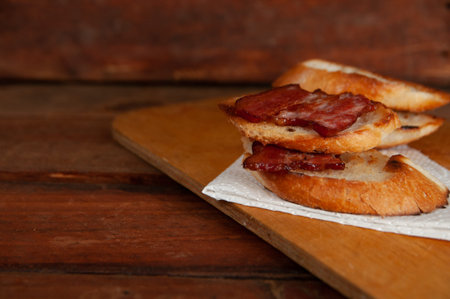 Bacon sandwich with thick white bread.bread with baconの写真素材