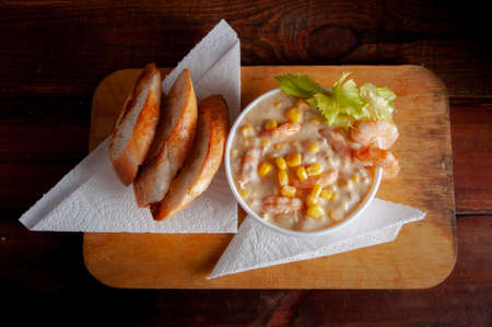 Homemade clam chowder with shrimp, top view.の写真素材
