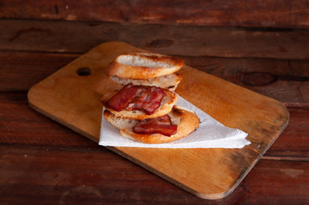 Bacon sandwich with thick white bread.bread with baconの写真素材