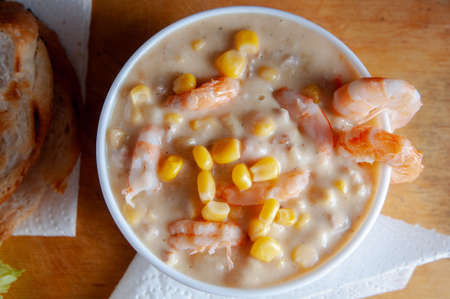 Homemade clam chowder with shrimp, top view.の写真素材