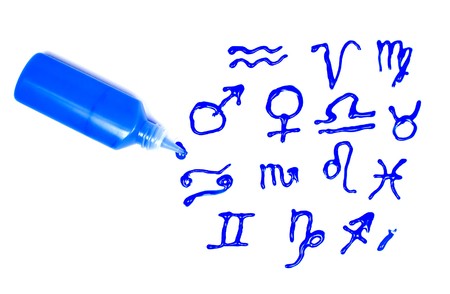 Zodiac signs drawing dark blue glass deco paint with tubeの写真素材