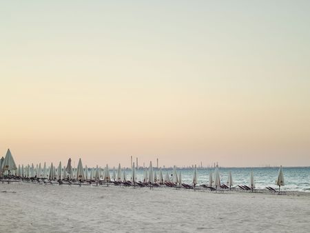 rows of lounge chairs and umbrellas on the beachの写真素材