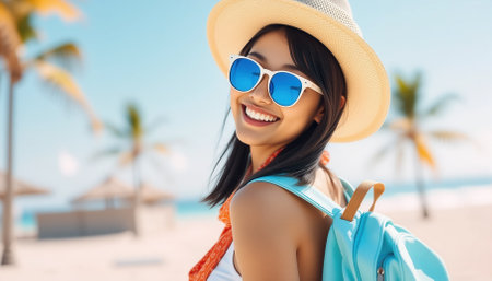 travel, vacation, summer, happiness and people concept - smiling young woman in sunglasses and hat with beach bag over tropical beach backgroundの素材