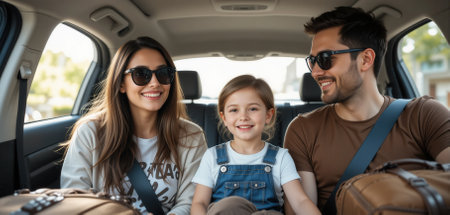 happy family with luggage in car on road trip, focus on womanの素材