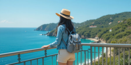 young beautiful and happy Asian Korean woman in straw hat and blue denim shirt enjoying the view of beautiful sea and mountain landscape enjoying holidays travel in Europeの素材