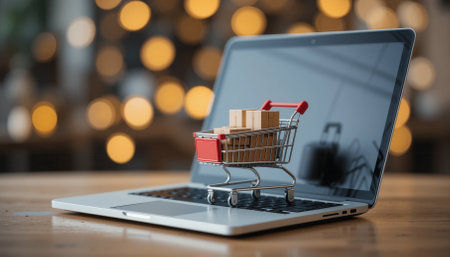 Shopping cart with boxes on laptop keyboard. Online shopping concept.の素材