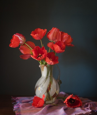 red tulips in a vaseの写真素材
