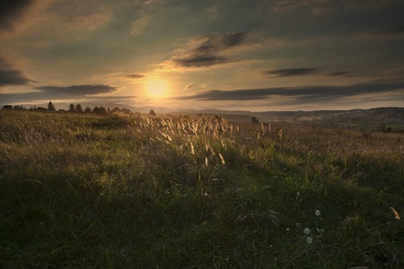 majestic sunset clouds and path through a mountain meadow to horizon の写真素材