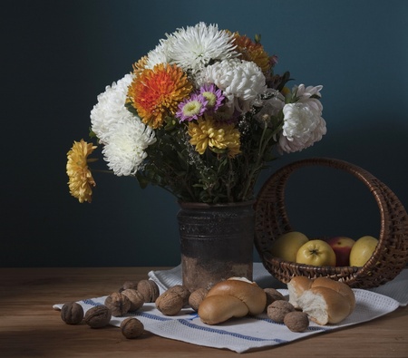 Still life with huge bunch of autumn flowersの写真素材