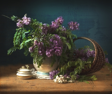 still life with flowers of acaciaの写真素材