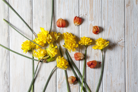 daffodils on the table with vintage whiteの写真素材