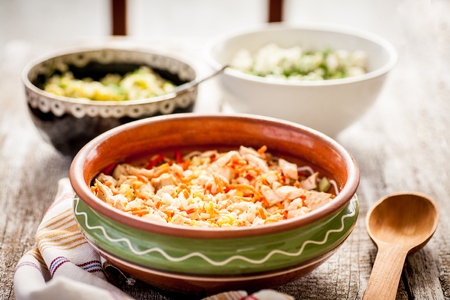Meat and vegetable salad in bowl on a wooden rustic table. Selective focus. Traditional food
Traditional foodの写真素材