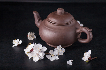 Chinese teapot and green tea with apricot flowersの写真素材