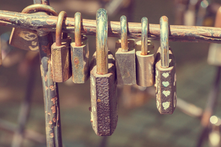 Love locks at the city park. Toned.の写真素材