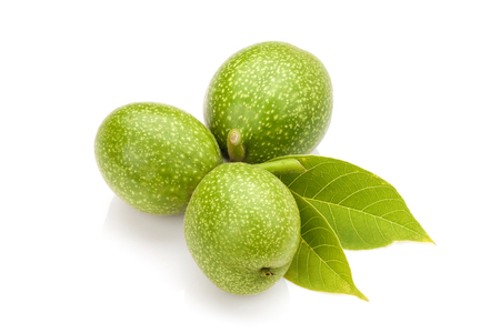 Young green walnuts with leaves isolated on white background. Vegetarian food.の写真素材