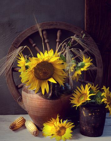 Bouquet with sunflowers in vase placed in the garden.の写真素材