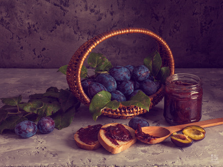 Plums with jamの写真素材