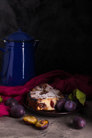 Homemade traditional pie with plums. Natural food.の写真素材