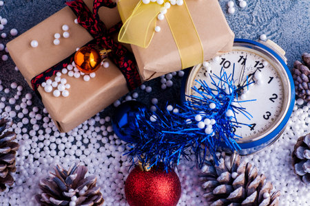 New year gifts on vintage background with snow. Happy new year card.の写真素材