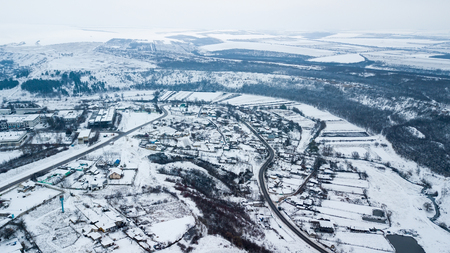 Winter Aerial view over the small village. Winter landscape. Moldova.の写真素材