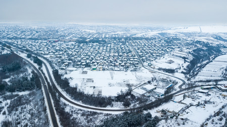 Winter Aerial view over the small village. Winter landscape. Moldova.の写真素材