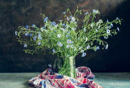 Still life with wildflowers. blue wildflowers in a vase. Rustic stile.の写真素材