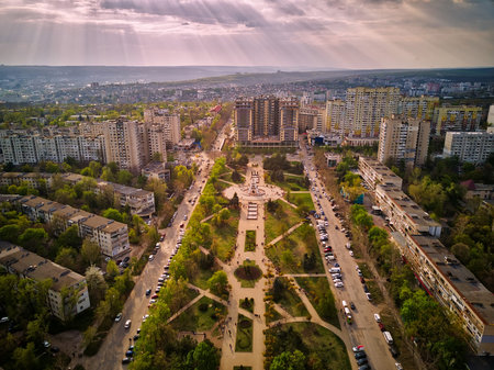 aerial view city of Kishinev, flight over the Buildings and street.
