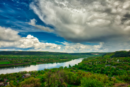 Summer landscape panorama with the river. Dniester river, Moldova. Steadicam shot.の写真素材