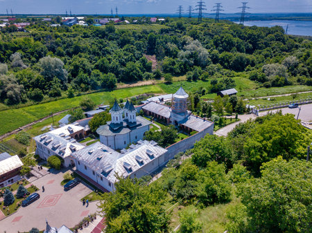 Aerial view of the Orthodox Christian monastery in the city of Slatina, Romania. Clocochiov...