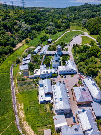Aerial view of the Orthodox Christian monastery in the city of Slatina, Romania. Clocochiov...