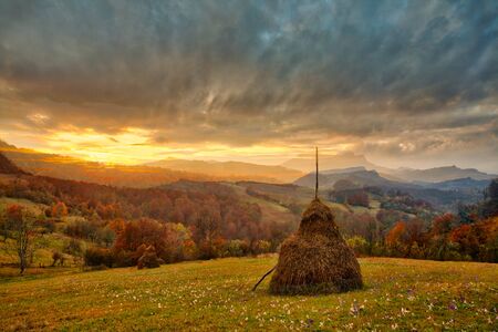 Magestic sunset in the carpatian mountains. Natural autumn landscape.の写真素材